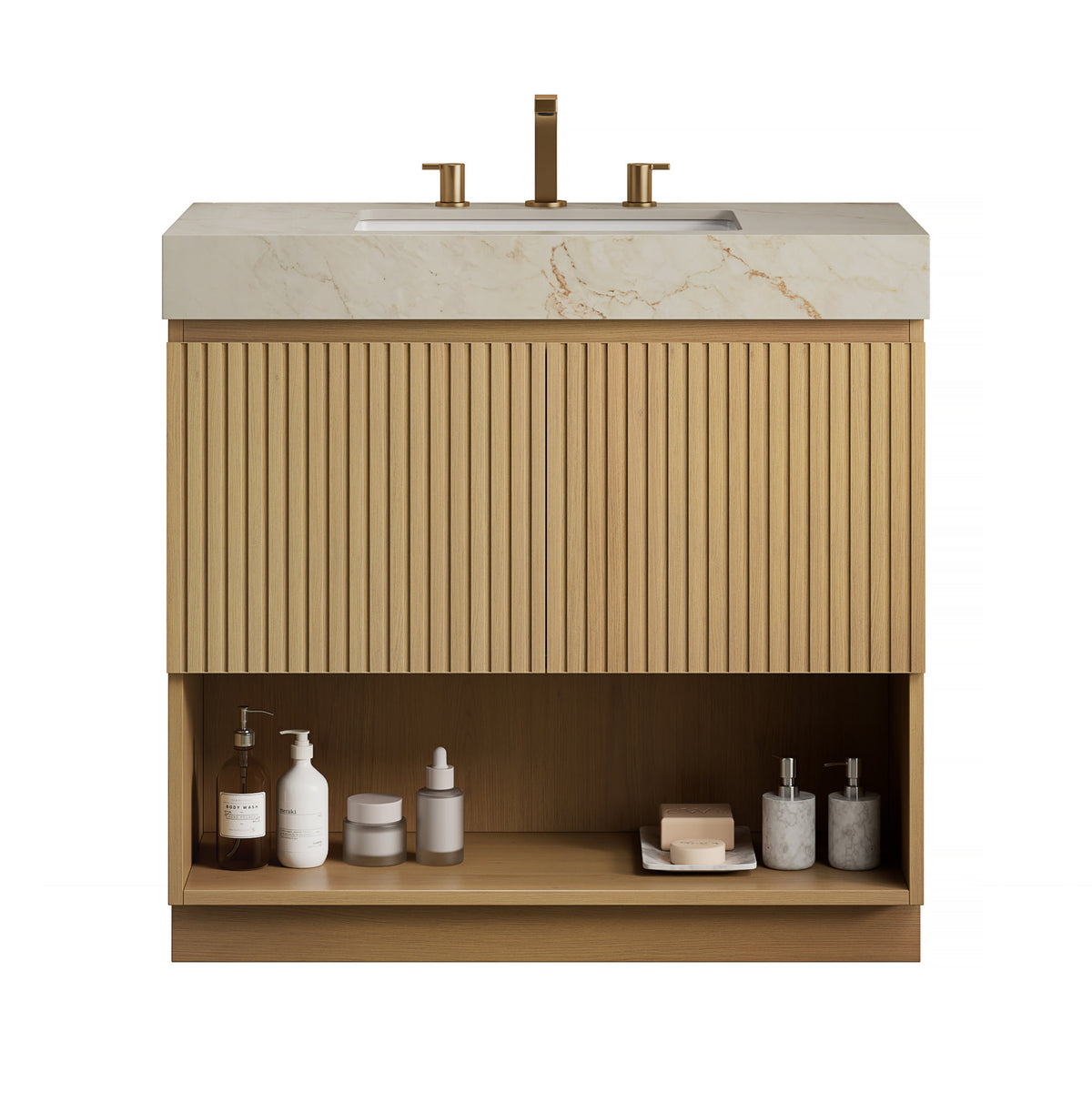 FINO 36" Bathroom Vanity&Sink,Freestanding Cabinet,Cream Gold Vein Sintered Stone Top&Ceramic Basin with 3 Pre-drilled Faucet Holes, Disassembled, Faucet & Drain Excluded, Corolla Oak Woodgrain Color