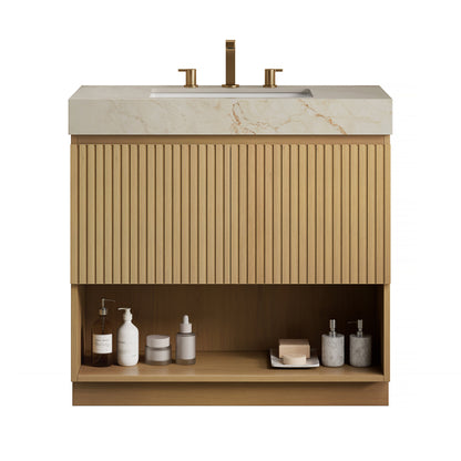 FINO 36" Bathroom Vanity&Sink,Freestanding Cabinet,Cream Gold Vein Sintered Stone Top&Ceramic Basin with 3 Pre-drilled Faucet Holes, Disassembled, Faucet & Drain Excluded, Corolla Oak Woodgrain Color