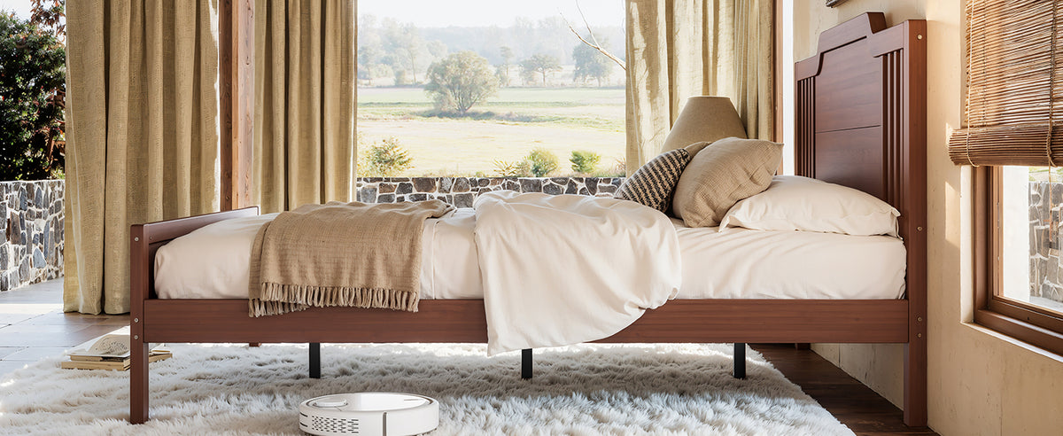 Queen Size Platform Bed with Tall Headboard, Solid Bamboo-made Bed Frame with Support Slats, Queen Bed Frame for Bedroom, Guest Rooms, Warm Brown