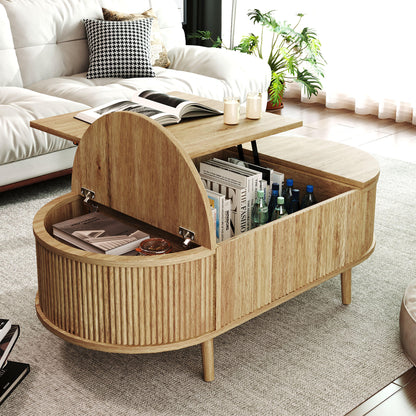 U-Can Minimalist Oval Lift-Top Coffee Table with Hidden Storage and Wood Wave Grain Finish