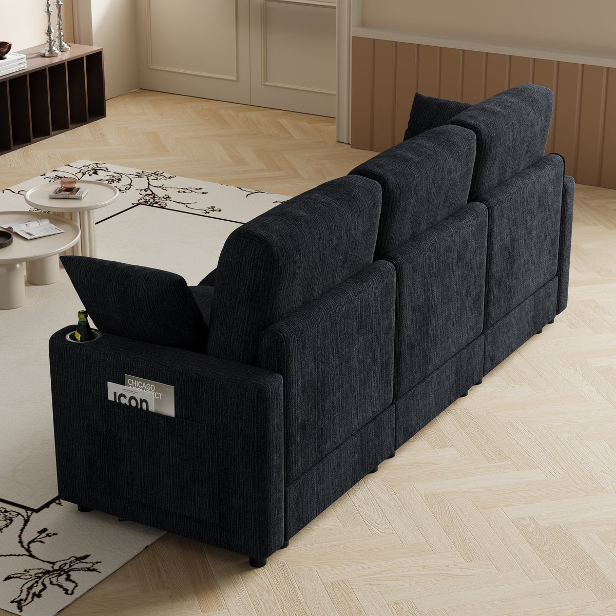 89-inch three-person cloud sofa with storage, armrests featuring hidden tabletop and USB ports, and armrests with storage function. High-quality cashmere three-person sofa. Suitable for living rooms,
