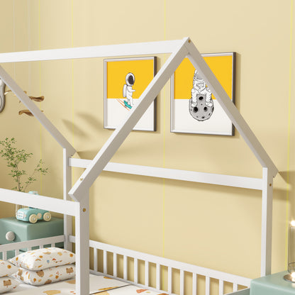 Full Size House Floor Wooden Bed with Roof Frame, Safety Guardrails,Whtie