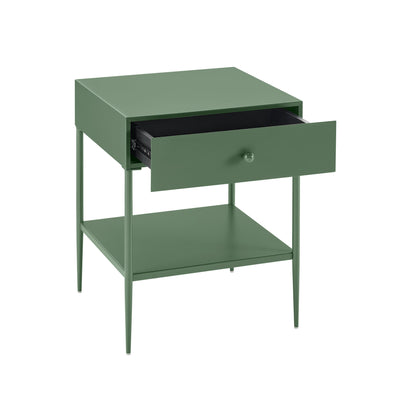 Colette Vintage Green Metal 1-Drawer Nightstand with Bottom Shelf & Tapered Legs