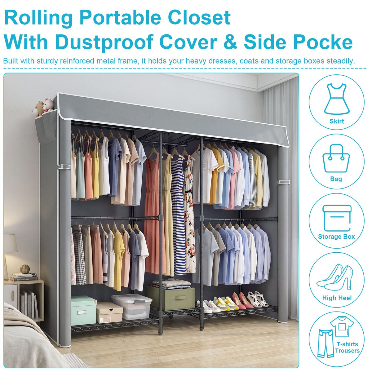 Heavy Duty Closet Organizer System, Freestanding Clothing Rack with Shelves, Adjustable Garment Rack with Grey Cover & Side Pocket, Portable Closets for Hanging Clothes, 72.8''×17.7''D×76.77''H, Black