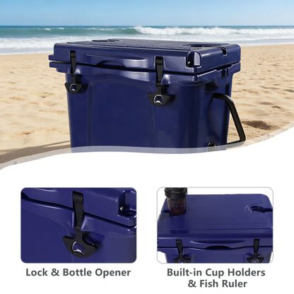 25QT Portable Cooler, Insulated Hard Cooler with Bottle Opener, Cup Holder, Forming Ruler, 5-7 Day Ice Retention, Travel, Beach, Camping, Fishing