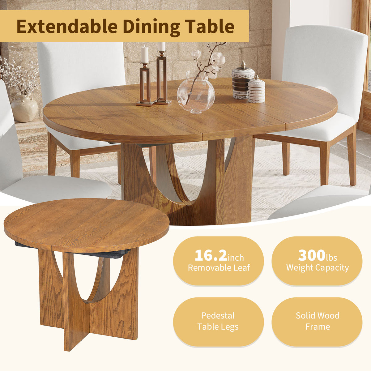 TOPMAX Modern 5-Piece Extendable Round Dining Table Set with 16.2inch Removable Leaf for Small Places, Walnut