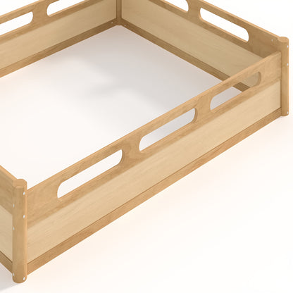 Queen Size Floor Platform Bed with Full-length Guardrails, Low Profile Queen Bed Frame, No Box Spring Needed, Natural