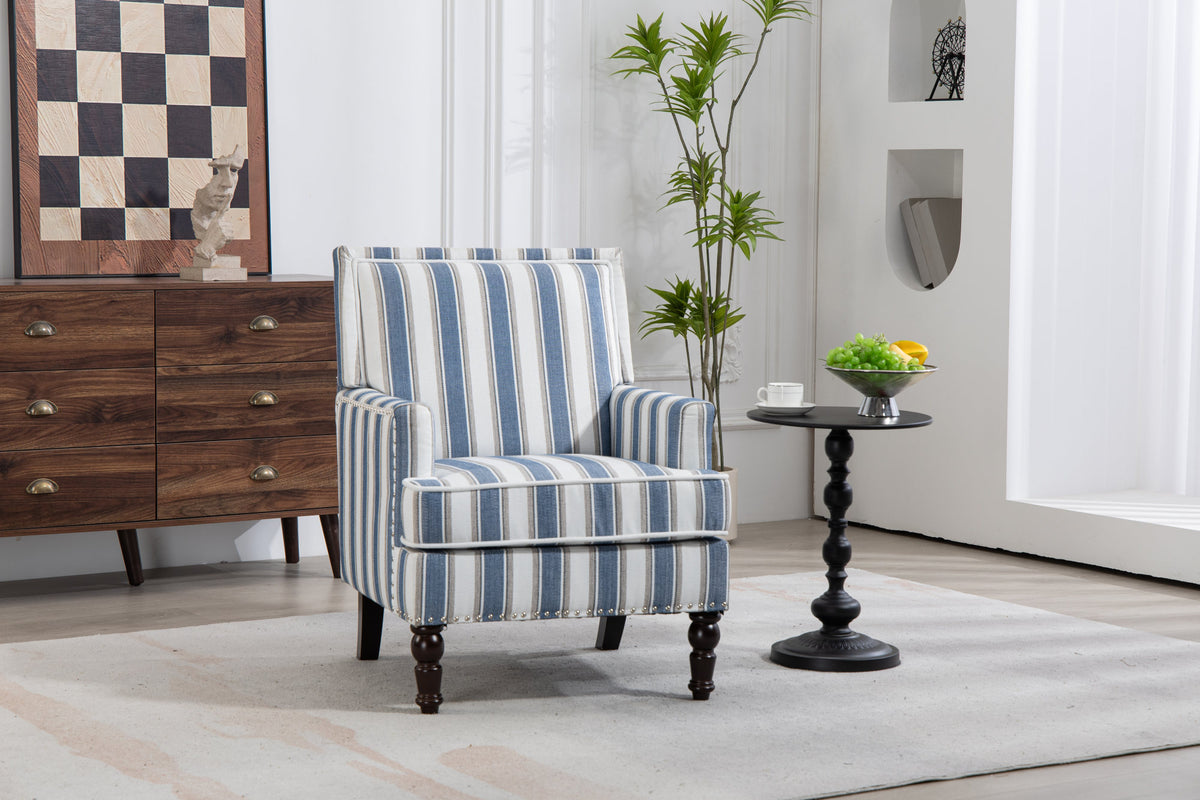 Upholstered Accent Chair, Vintage Armchair with Solid Wood Legs, Blue and White Striped Linen Fabric and Nailhead Trim for Living Room