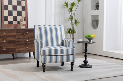 Upholstered Accent Chair, Vintage Armchair with Solid Wood Legs, Blue and White Striped Linen Fabric and Nailhead Trim for Living Room