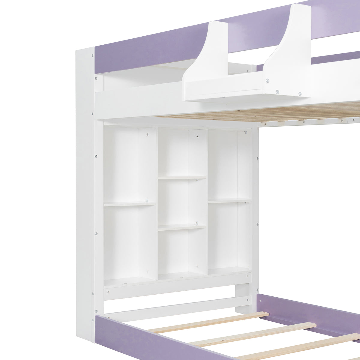 Twin Over Twin XL Bunk Bed with Storage Shelves & Guardrail Storage Basket, White+Light Purple