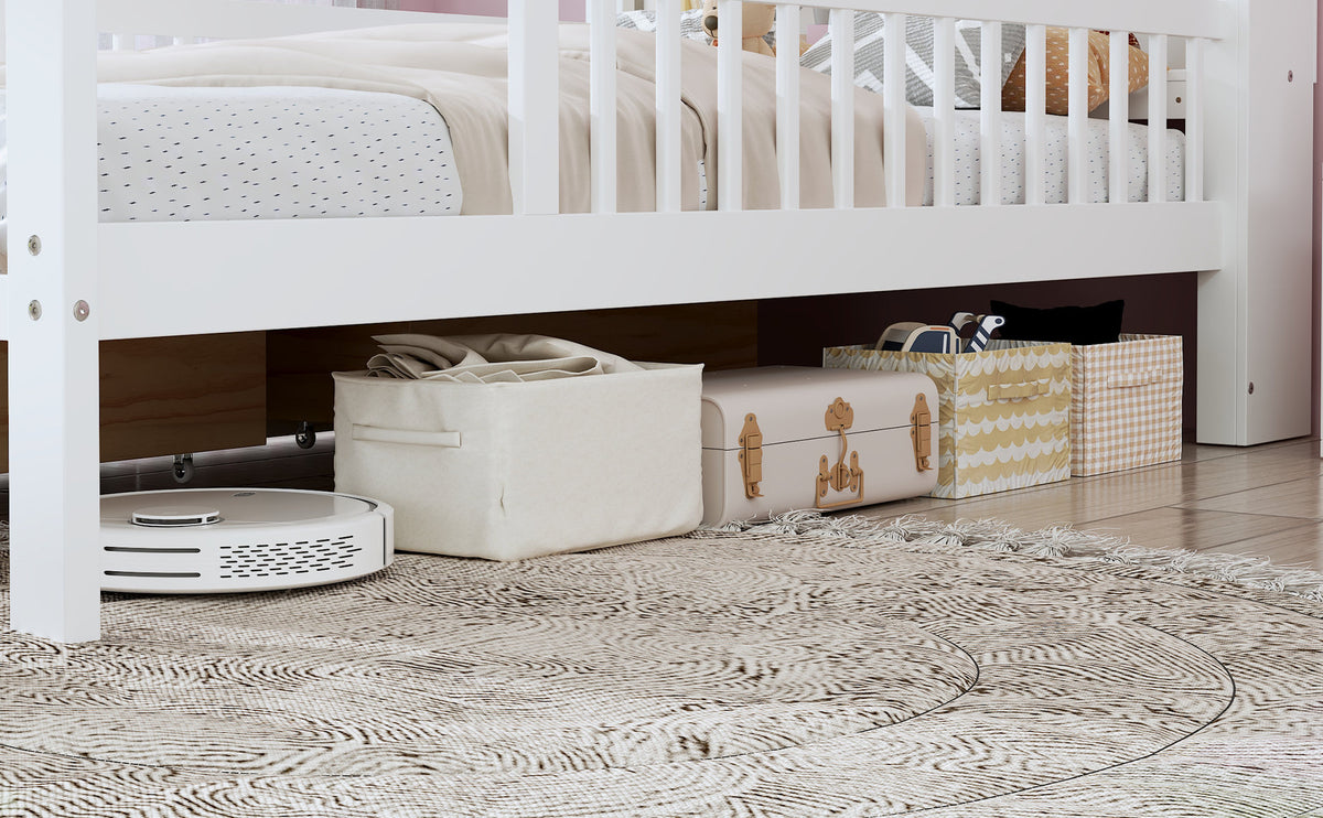 Twin Size Bed with Headboard Storage Rack, Two Under-Bed Drawers, Three-Side Guardrails for Safety and Security, White