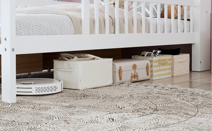 Twin Size Bed with Headboard Storage Rack, Two Under-Bed Drawers, Three-Side Guardrails for Safety and Security, White