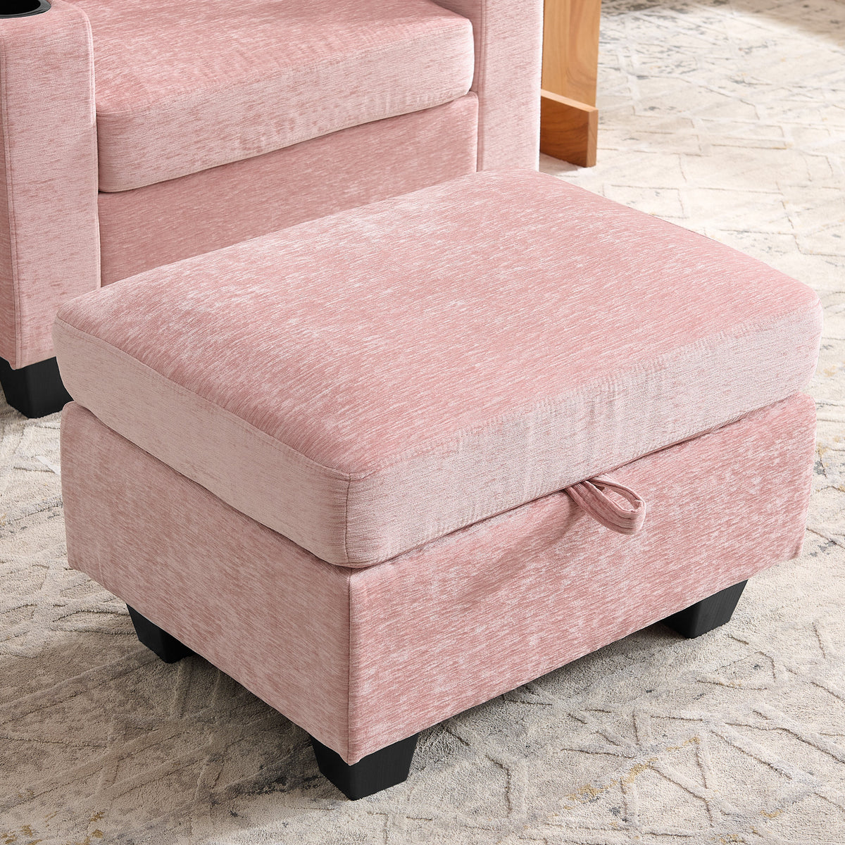 Single sofa recliner with manually adjustable backrest, USB charging port on the armrest side, phone stand included, hidden armrest storage, and a matching storage ottoman-Pink