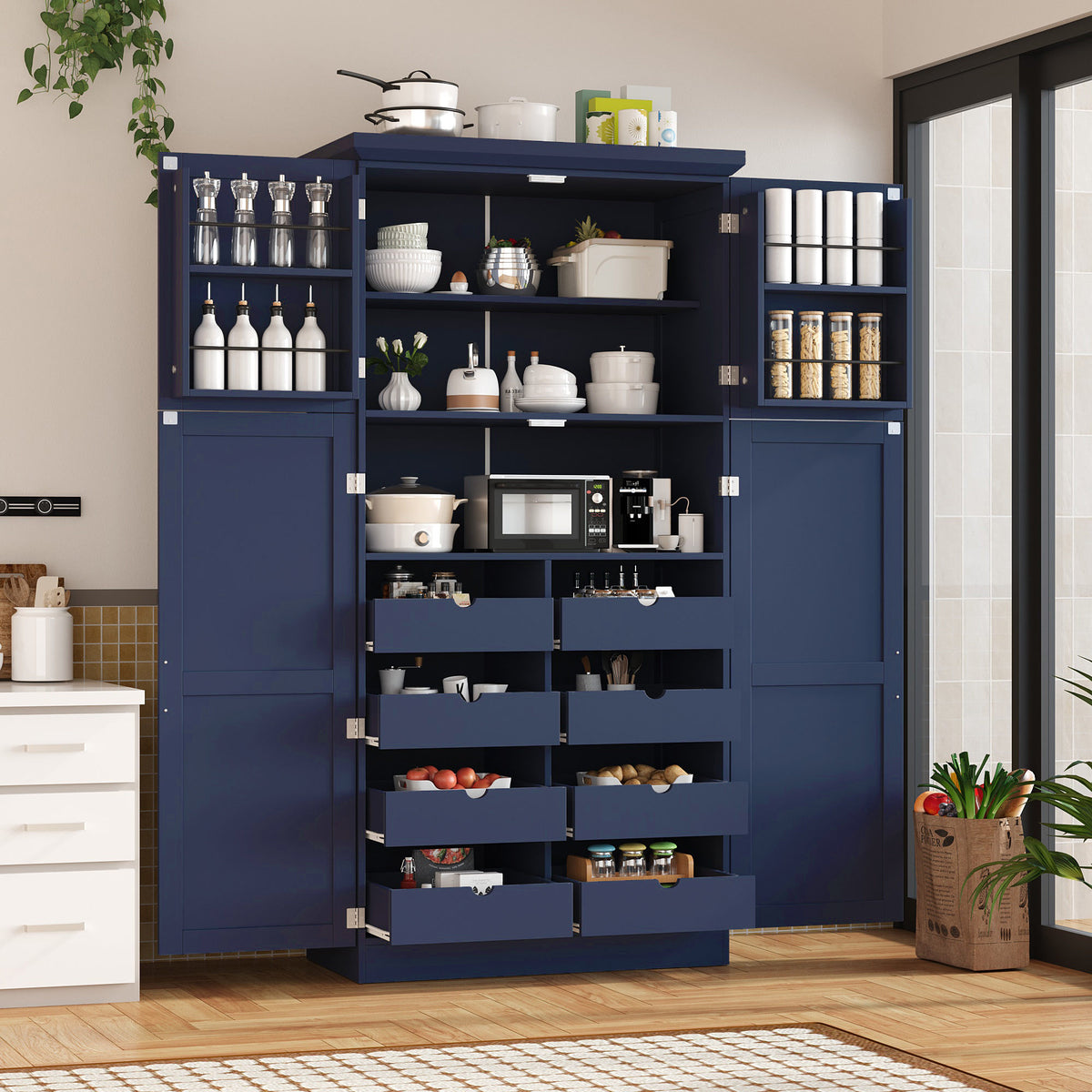 [Assembly Video Provided] TOPMAX 35.5x17.6x70.9inch Freestanding Kitchen Pantry Cabinet, Tall Storage Cabinet with 4 Doors, 2 Door Shelves – Blue