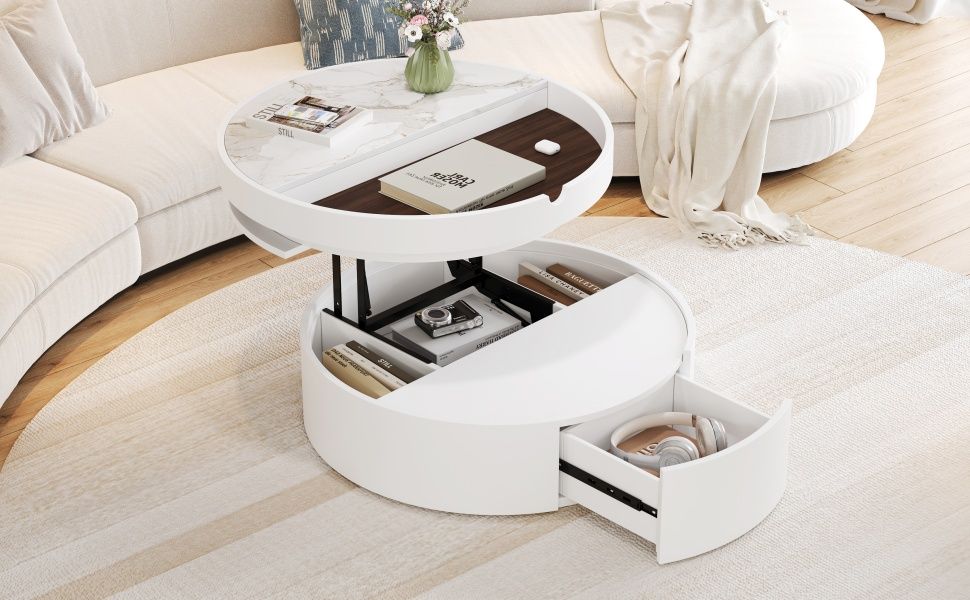 White Round Lift Coffee Table with 1 Drawer in 29.5', Marble Veneer and Wood Grain Tabletop