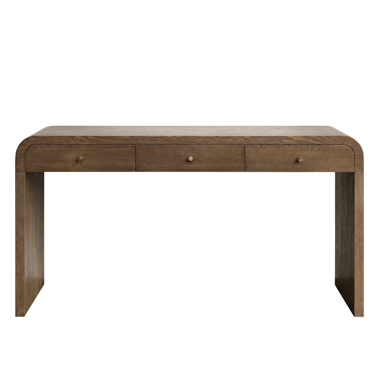 Dark Brown Curved Design 3-Drawer Long Console Table,  Entryway Sofa Table with Gold Pull Handles, Storage Accent Table for Living Room Hallway Foyer