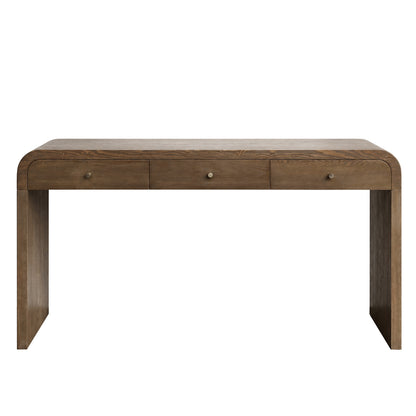 Dark Brown Curved Design 3-Drawer Long Console Table,  Entryway Sofa Table with Gold Pull Handles, Storage Accent Table for Living Room Hallway Foyer