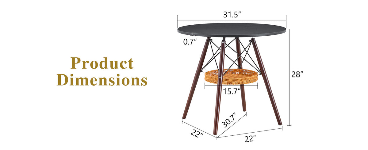 31.5-inch diameter circular dining table, black MDF vacuum formed tabletop, walnut solid wood legs