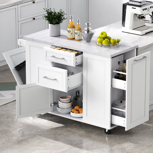 K&K 50.7' Kitchen Island with Storage Tilt Trash Can Cabinet and Pull Out Cabinet Organizer, Rolling Kitchen Island on 5 Wheels with Drop Leaf, 2 Drawers, 1Door for Kitchen, Dining Room, White