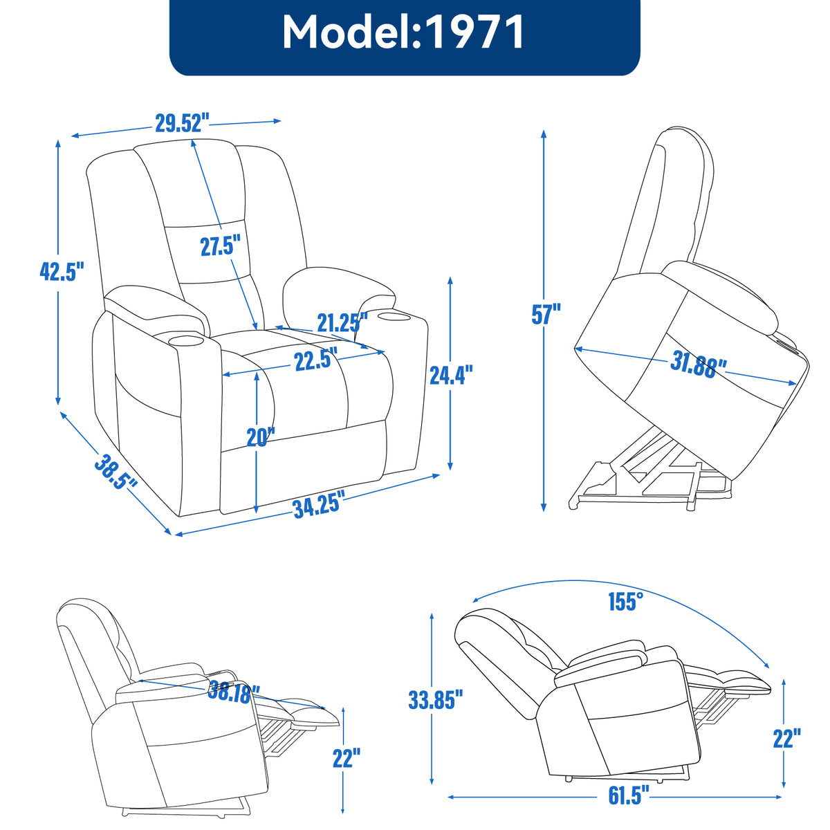 Power Lift Recliner Chair with Massage and Heat for Elderly, Overstuffed Wide Recliners, Heavy Duty Motion Mechanism with USB and Type C Ports, 2 Steel Cup Holders, Blue