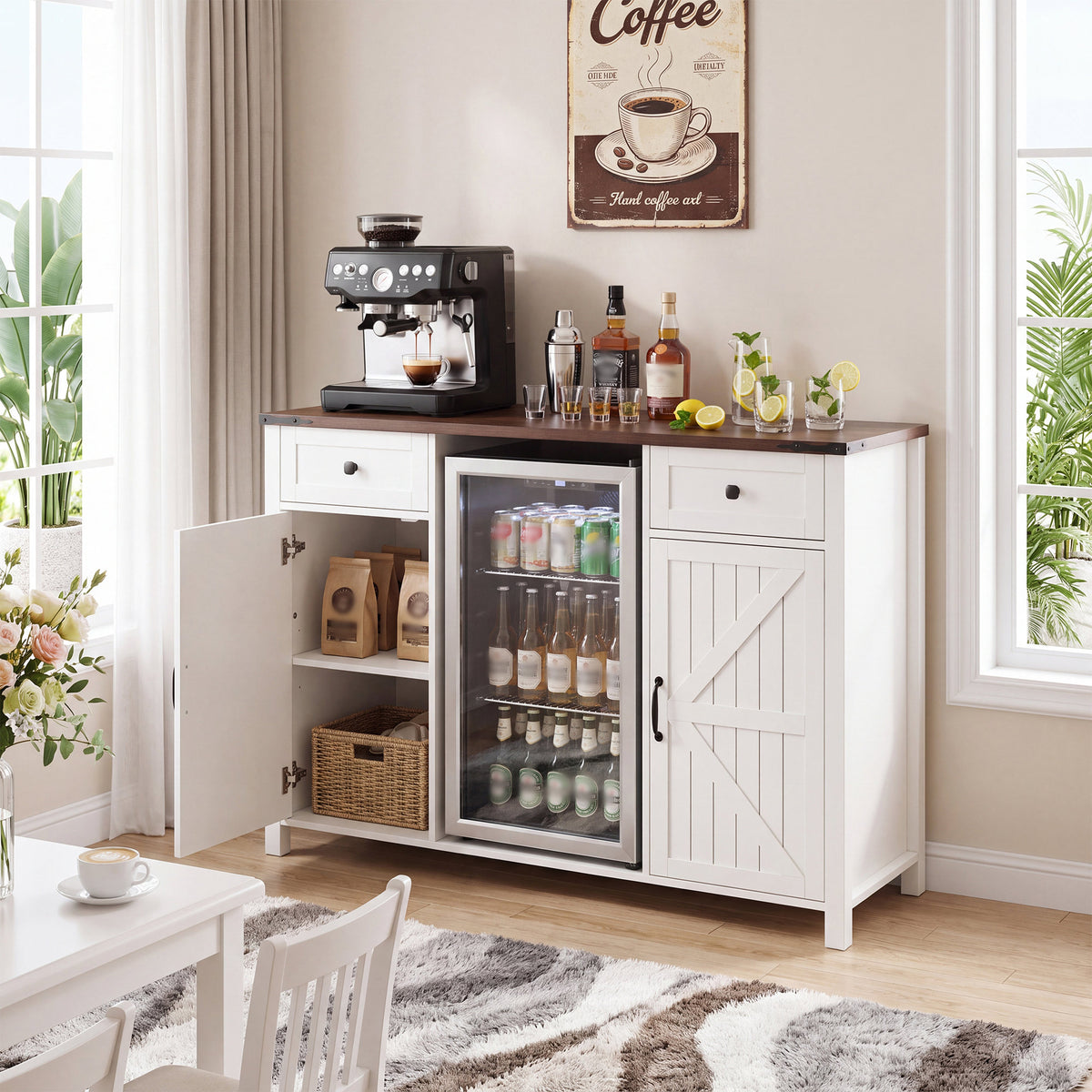 Farmhouse Coffee Bar with Mini Fridge Space & Built-in Charging Station,Large Bar Cabinet with Drawers & Adjustable Shelves for Kitchen, Dining Room, or Living Room, White