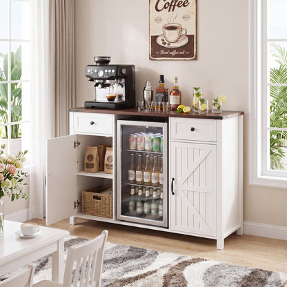 Farmhouse Coffee Bar with Mini Fridge Space & Built-in Charging Station,Large Bar Cabinet with Drawers & Adjustable Shelves for Kitchen, Dining Room, or Living Room, White