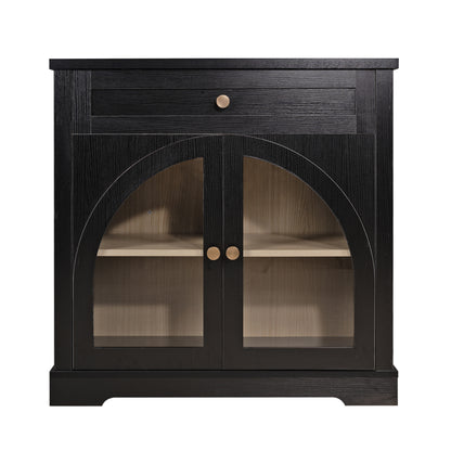 32' Modern Sideboard Cabinet with 1 Drawer and 2 Arched Glass Doors, Accent Storage Cabinet with Adjustable Shelves for Entryway, Living Room, Dining Room, Black