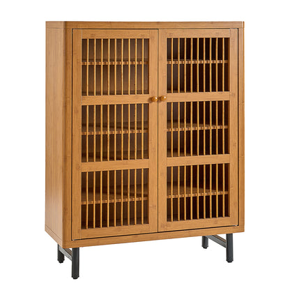 Walnut Modern Shoe Cabinet with Louver Doors, 6-Tier Entryway Organizer with Adjustable Shelves, MDF and Iron Construction, Natural Finish