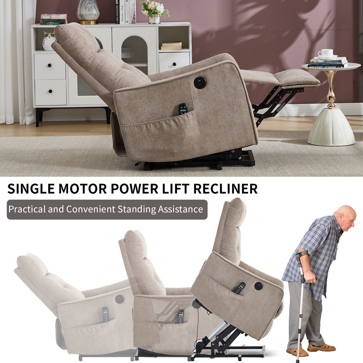 Khaki Chenille Single Motor Power Lift Recliner Chair with Massage and Heat for Elderly, Heavy Duty Motion Mechanism and One USB for Charging, Max Reclining Angle 155°