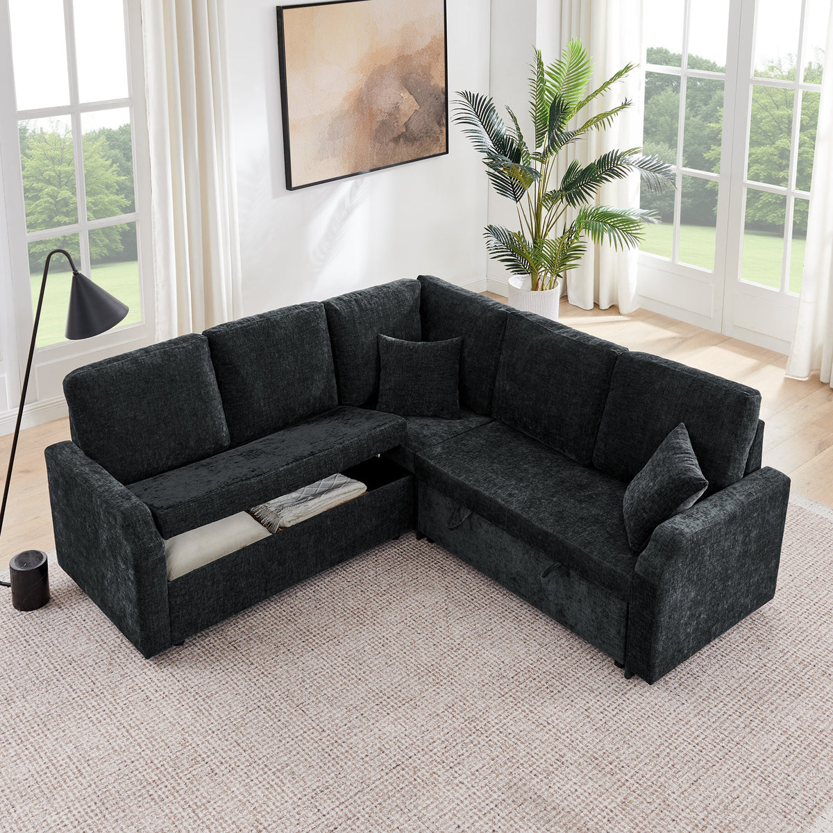 81.2'' Modular Sectional Sofa with Pull Out Bed, 5-Seater L Shaped Sectional Sleeper Couch with Hidden Storage, Chenille Convertible Couches for Living Room, Apartment (Black)