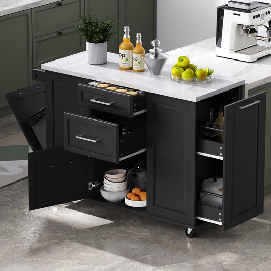 K&K 50.7" Kitchen Island with Storage Tilt Trash Can Cabinet and Pull Out Cabinet Organizer – Black
