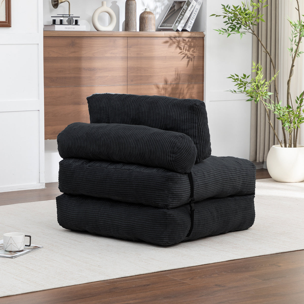 Folding Sofa Bed, Convertible Sleeper Chair with Pillow Foldable Mattress with Back Support, Portable Fold Out Chair Bed Comfy Floor Sofa Lounge for Living Room Bedroom, Black , Single