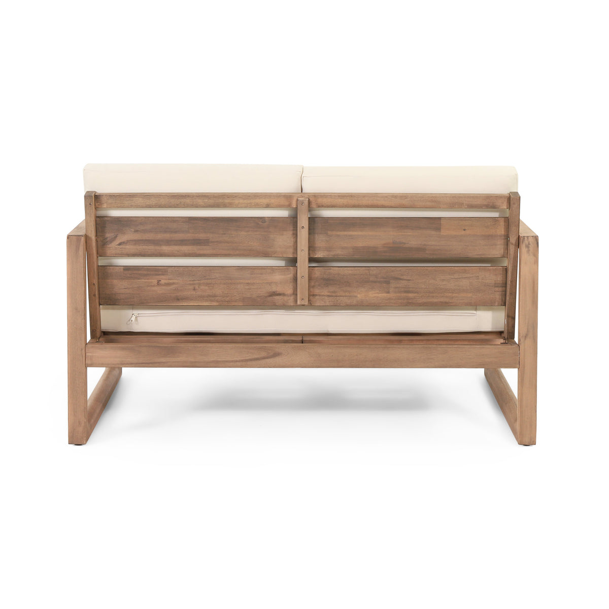 Outdoor Acacia Wood Loveseat and Coffee Table Set with Cushions, Brown Wash, Beige
