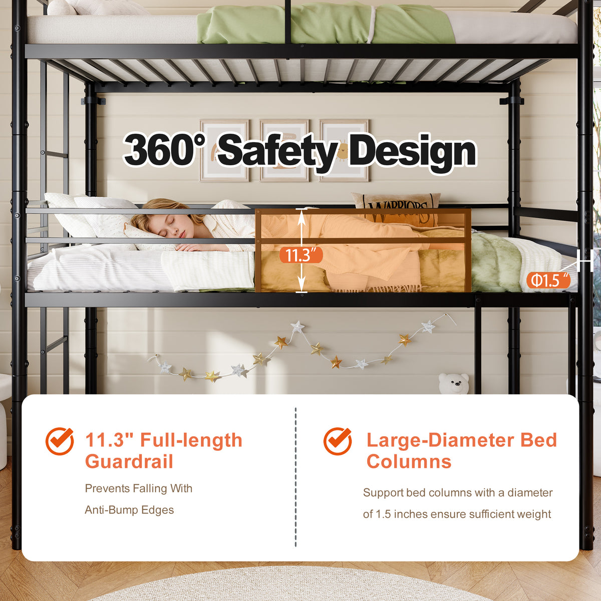 Metal Triple Bunk Bed Twin over Twin over Twin, Heavy Duty 3-in-1 Convertible Metal Bunk Bed Frame with Ladders, Guardrails & Anti-Tip Kit, Space-Saving Bed for Kids, Teens, Adults, No Box Spring Need