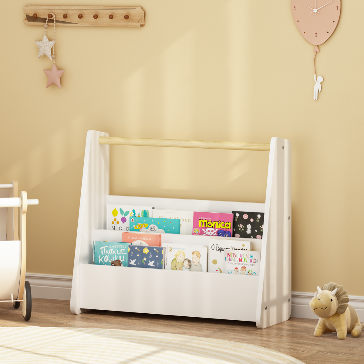 Kids Bookshelf with Wooden Handle, 2-Tier Front-Facing Toddler Bookcase, Portable Children's Book Storage Organizer, or Classroom, White