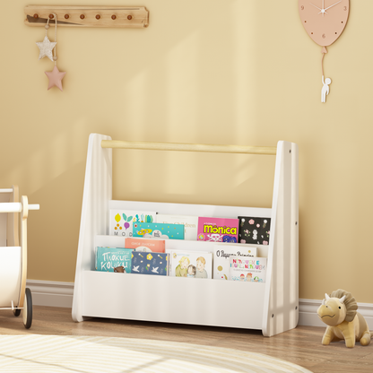 Kids Bookshelf with Wooden Handle, 2-Tier Front-Facing Toddler Bookcase, Portable Children's Book Storage Organizer, or Classroom, White