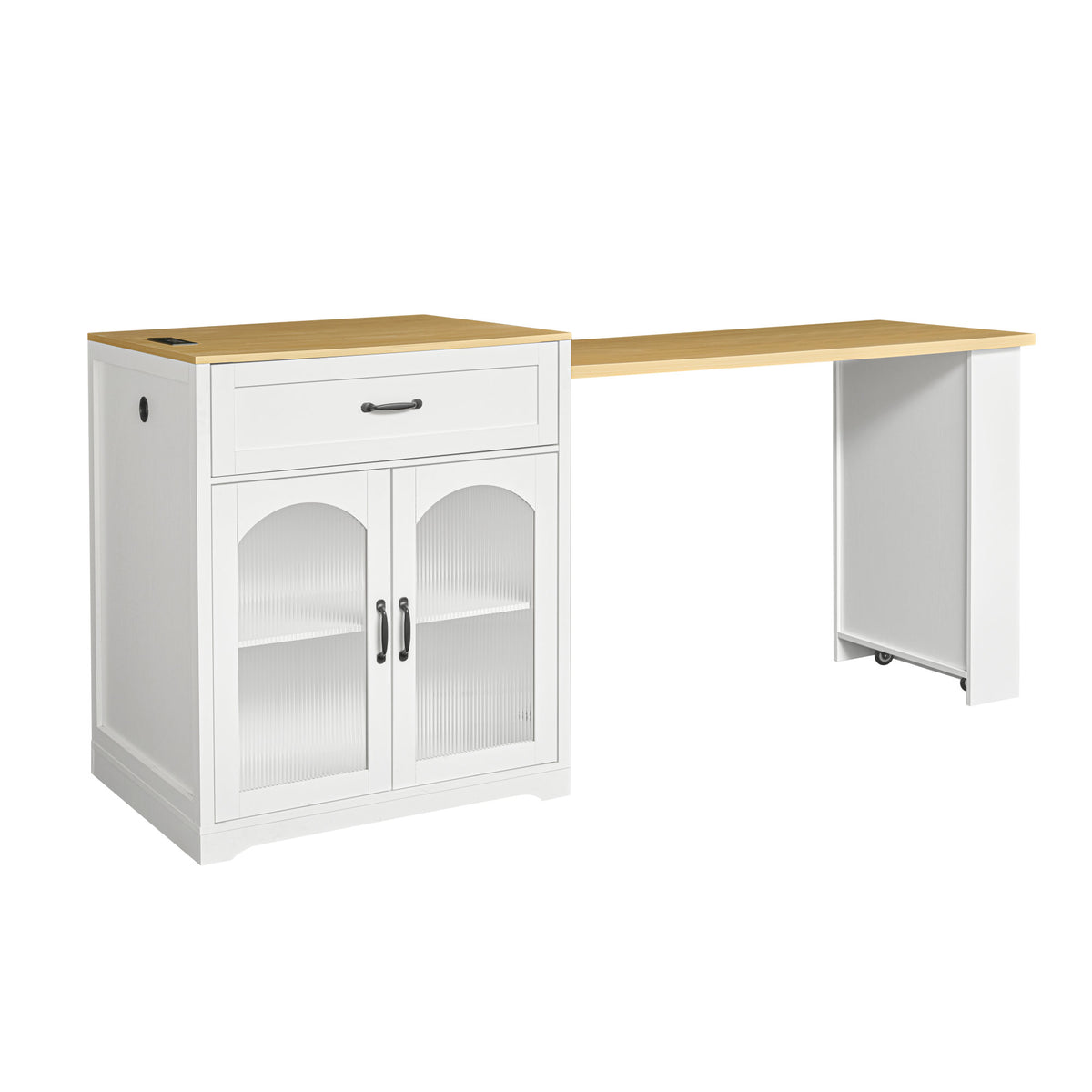 U_STYLE Extendable Counter Table with Wheels,Bar Table with Built-in Power Outlet,Farmhouse Wine Cabinet with Double-Sided Drawers,Suitable for Kitchen & Home Bar (Chairs Not Included)