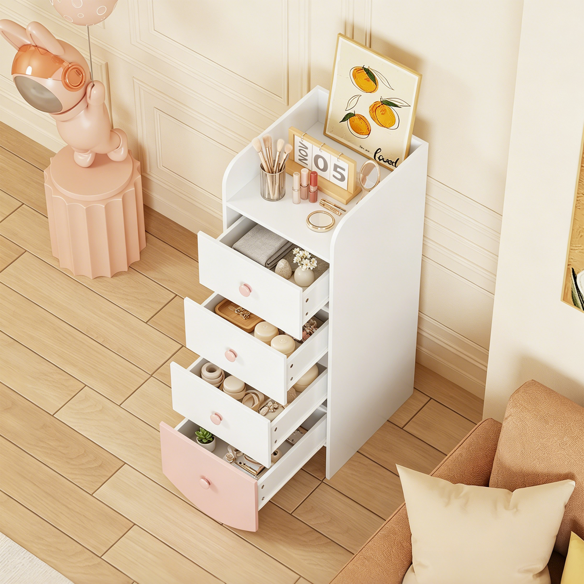 Kids Dresser with 4 Drawers, Narrow Storage Cabinet for Kids Room, MDF Chest of Drawers with Round Bottom Design, Nursery Bedroom Organizer, White