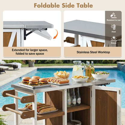 Foldable Outdoor Kitchen Island with Stainless Steel Worktop and Wood Frame, White+Brown, Portable Prep Station