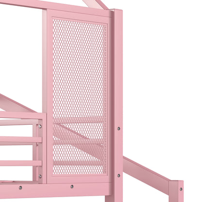 Full House Loft bed with Slide and Stairs, Metal Playhouse Bed with Storage Shelves, House-shaped Roof and Noise-free Design, Pink