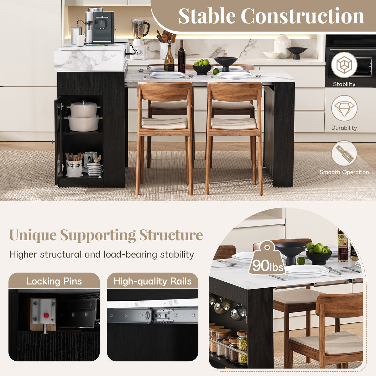 [VIDEO] TREXM Extendable Dining Table with Folding Tabletop, Bar Table with Drawers and Power Outlet, Kitchen Island with Wheels and Hooks, Sideboard for Kitchen and Dining Room (Black+Marble White)