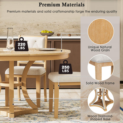 TREXM 5-Piece Retro Functional Dining Table Set Extendable Round Table and 4 Upholstered Chairs for Dining Room and Living Room (Natural)