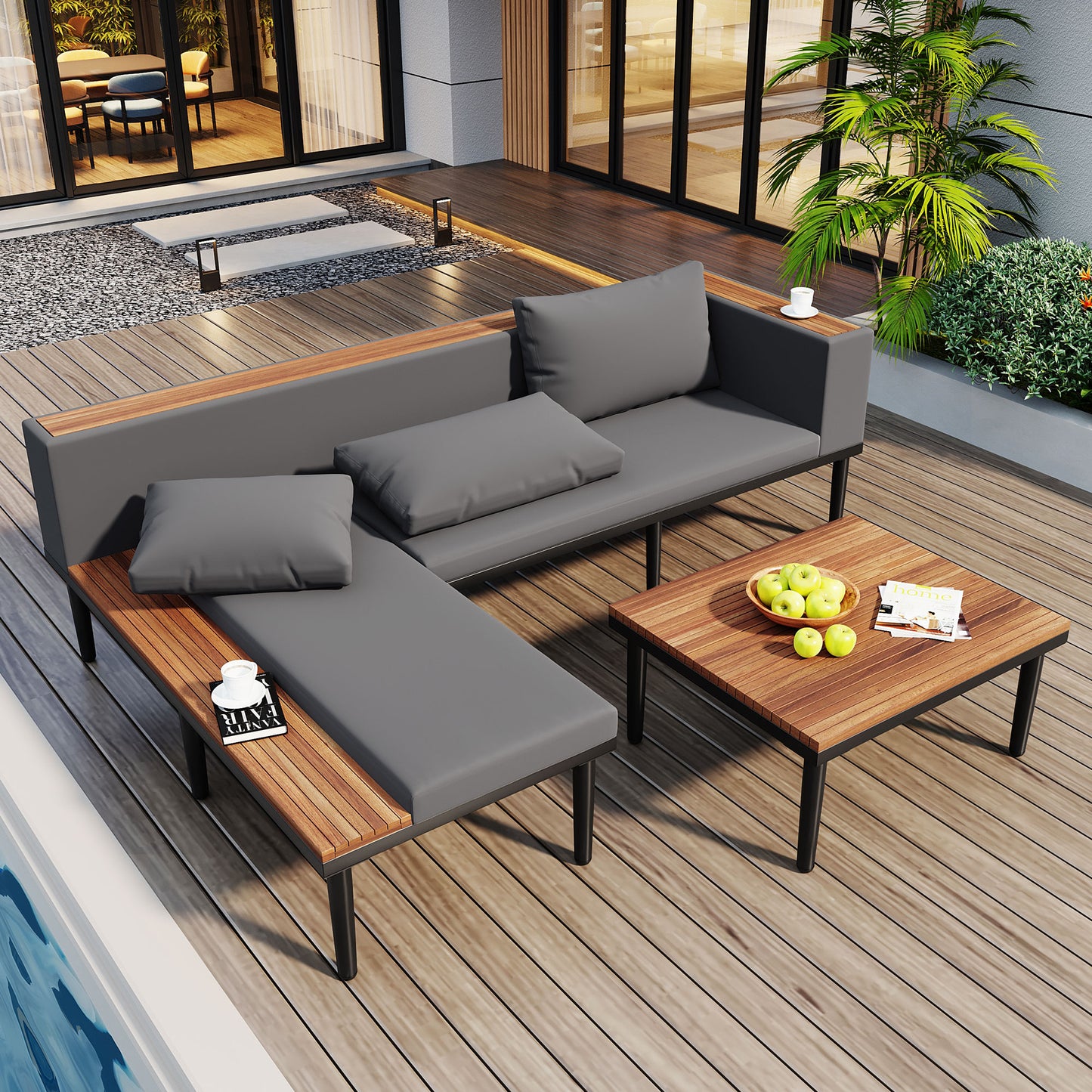 <Old SKU: N704G201251E> Luxury Patio Furniture Set with Removable Cushions and Coffee Table, L-Shaped  Acacia Wood Sofa with Side table, Outdoor Conversation Sectional Sofa  for Backyard, Porch, Gray