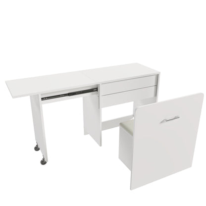 Multi-functional white folding desk with mirror and storage stool, 47-inch compact design for bedroom or apartment, MDF construction