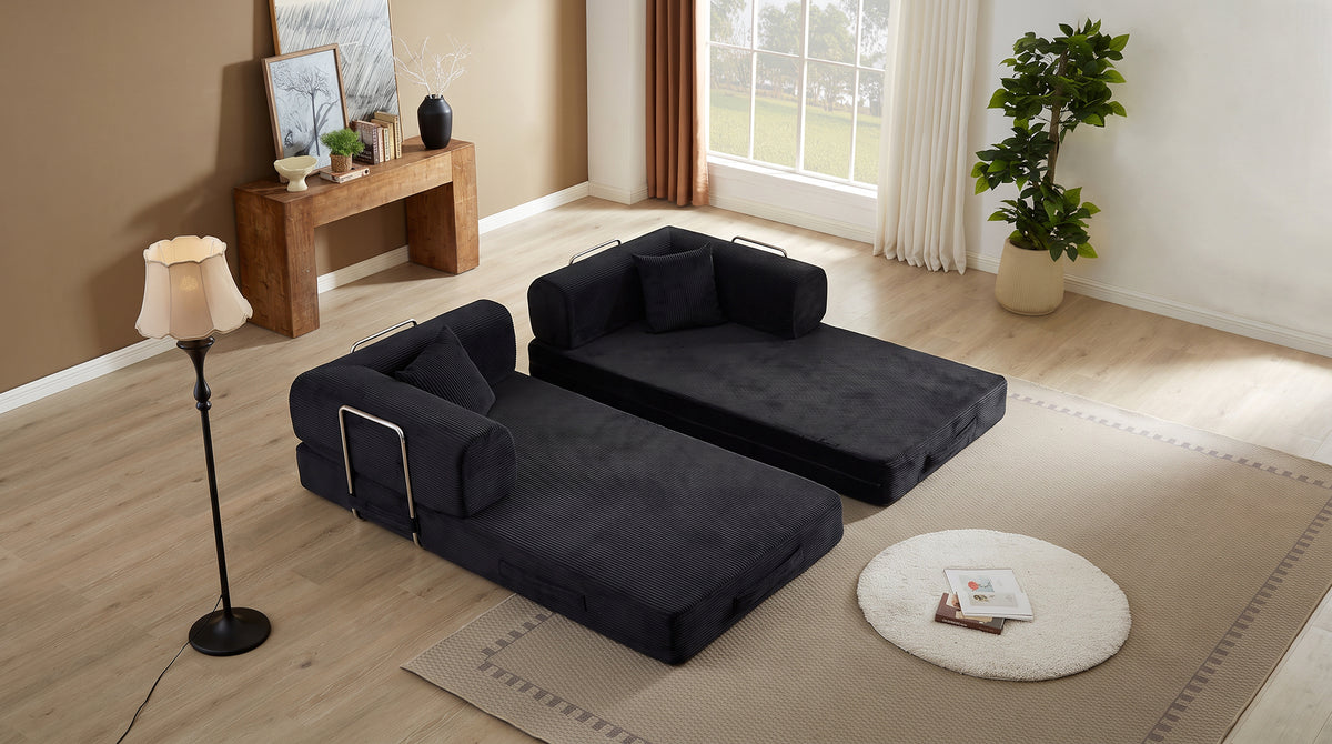 Convertible Sofa Bed, Folding Floor Couch Corduroy Fold Out Couch Bed Futon Sleeper Mattress with Pillows, Boneless Sofa for Living Room Bedroom,BLACK