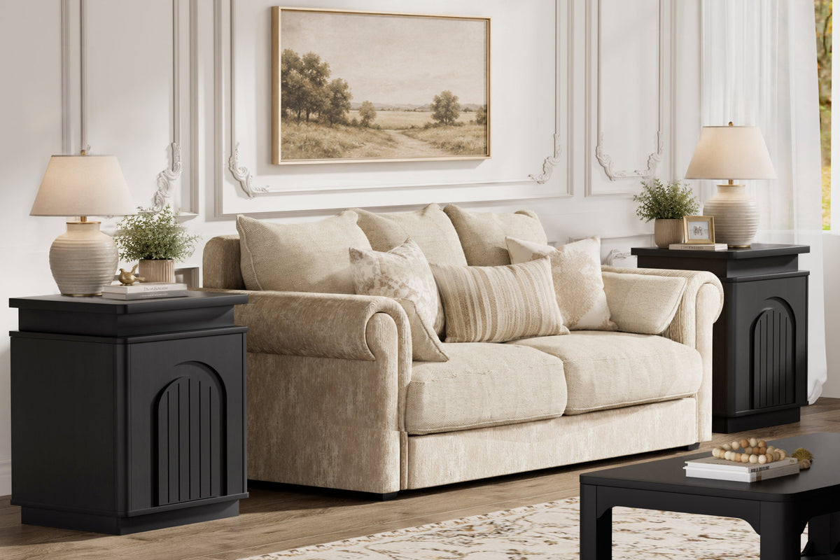 Two-piece nightstand set with arched recesses, storage cabinets with LED lighting, ample storage space, and magnetic push-to-open doors; suitable for bedrooms, living rooms, and offices; Black