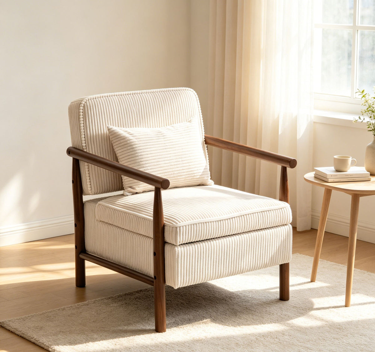 Storage Chair, Mid Century Modern Accent Chair with Wood Frame, Upholstered Living Room Chairs with Waist Cushion – Antique White