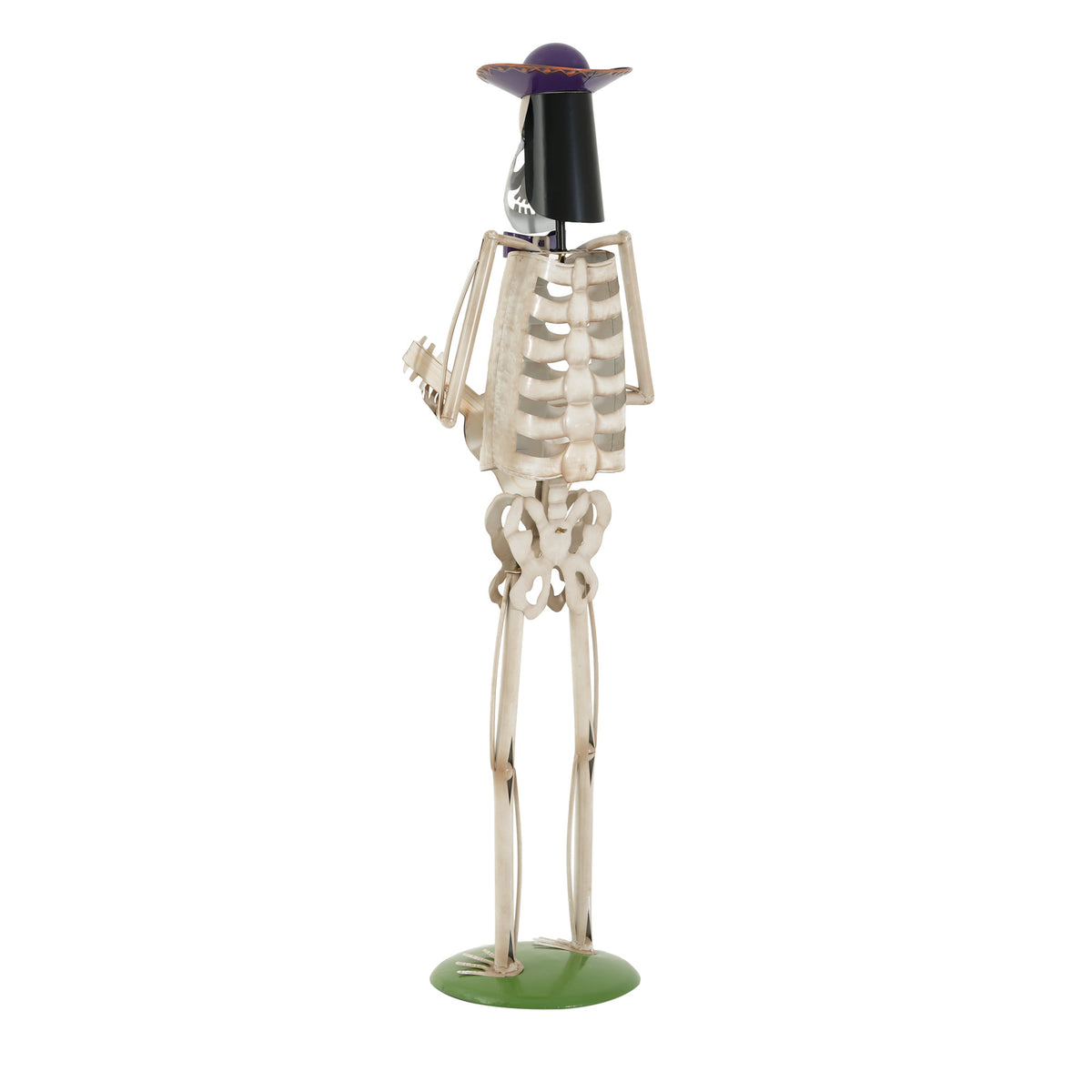 Halloween Skeleton Guitar Yard Decoration, 61.8 Inch Metal Statue with Purple Hat and Bow Tie in Ivory White for Outdoor Porch, Lawn, and Party Decor