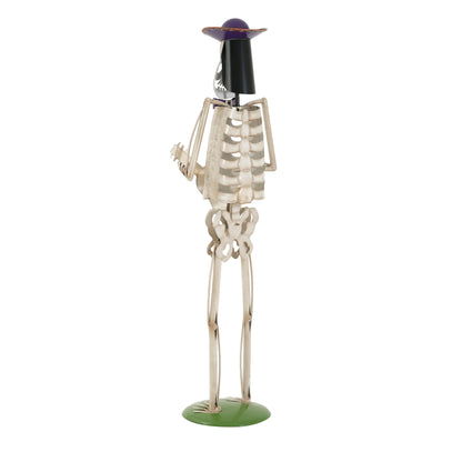 Halloween Skeleton Guitar Yard Decoration, 61.8 Inch Metal Statue with Purple Hat and Bow Tie in Ivory White for Outdoor Porch, Lawn, and Party Decor
