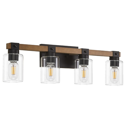 4-Light Farmhouse Vanity Light, Antique Wood Bathroom Wall Light with Clear Glass Shades, Mirror Lighting for Bedroom & Hallway, No Bulbs Included